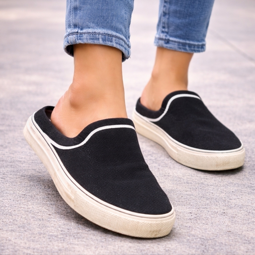 Women's Black Slip-On Backless Canvas Sandals